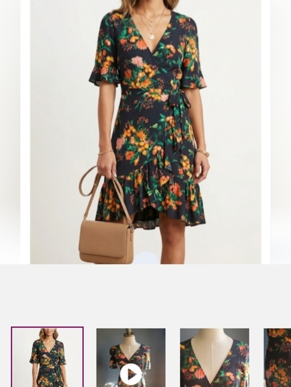 Zara Black Floral Wrap  Dress with Green & Orange Size S